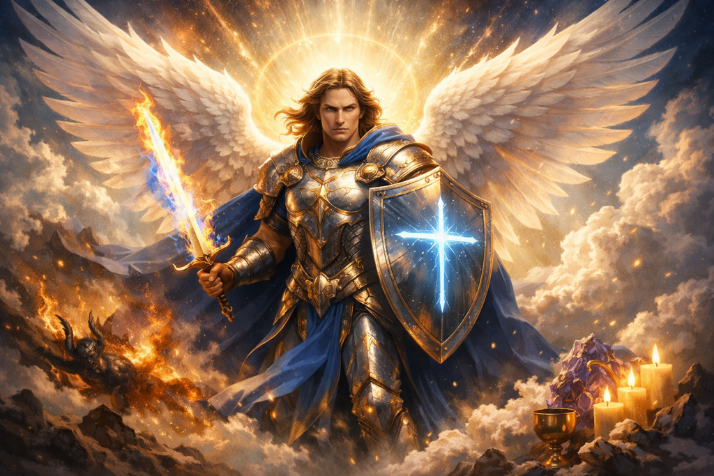 crie uma imagem para destaque de blog tamanho 1200 x 630 pixels com o tema:
A Oração do Arcanjo Miguel de 21 dias
a imagem nao deve conter textos